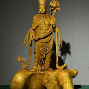 Guanyin with Lotus – Golden Nanmu Sculpture