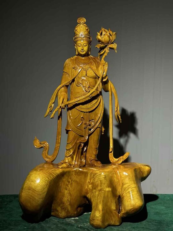 Guanyin with Lotus – Golden Nanmu Sculpture